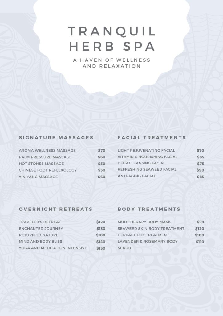 Mẫu Menu Spa 1