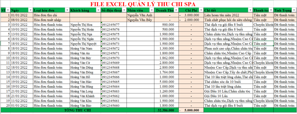 File excel quản lý Thu Chi Spa