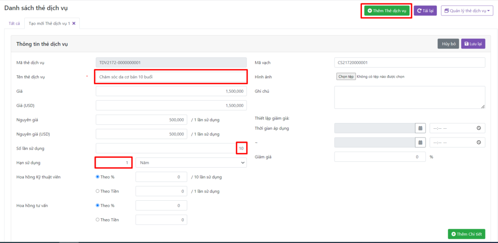 Thiết lập đăng ký thẻ dịch vụ