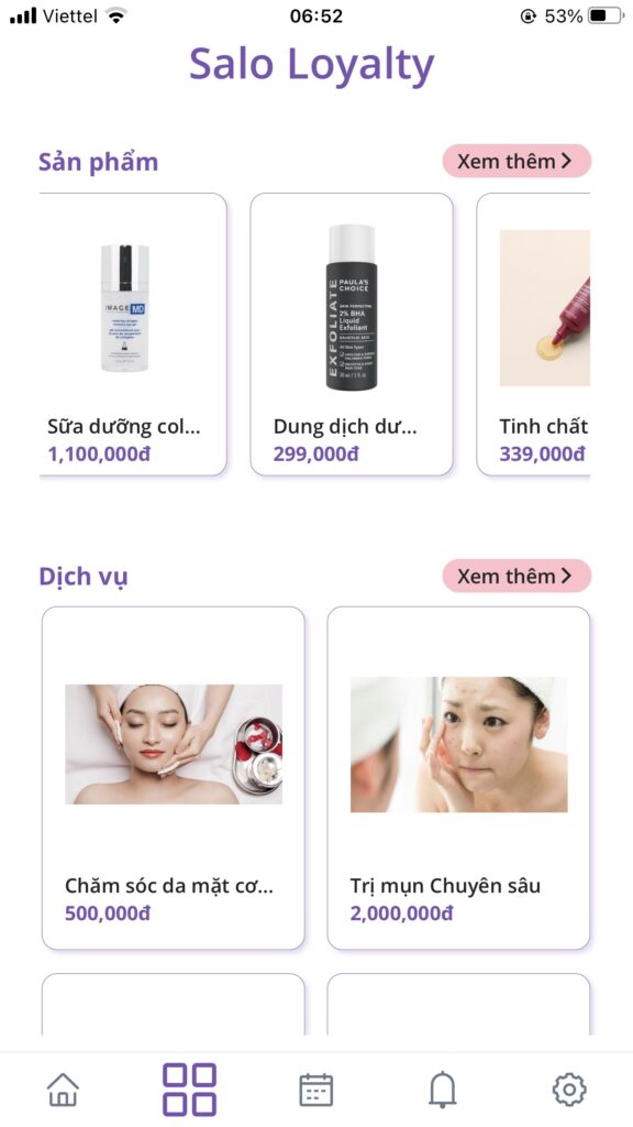 Trang sản phẩm, dịch vụ App Salo Loyalty